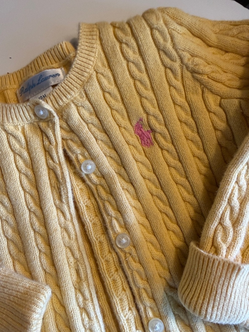 Ralph Lauren  Yellow Cable Knit Cardigan with Pink Pony